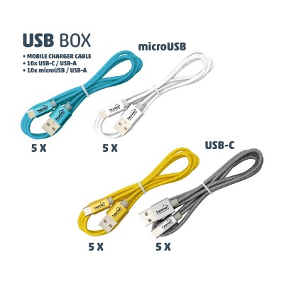 USB töltőkábel, vegyes, 20db/tálca - USB BOX